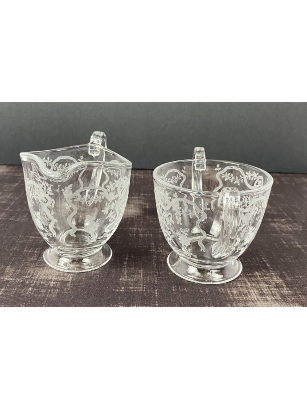VTG 1940s Fostoria Romance Crystal Creamer Sugar Bowl Set Floral & Ribbon Etched - Picture 4 of 14